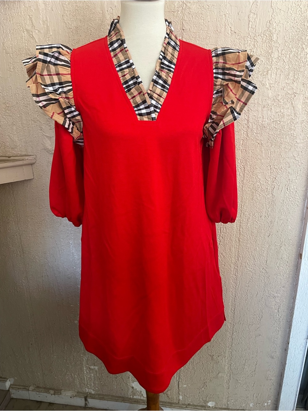 Jodifl Red Plaid-Trim Puff Sleeve Dress
